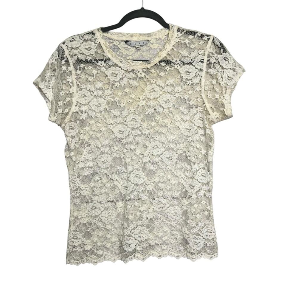 CABI Womens Medium Short Sleeve Ivory Flower Lace Sheer Crewneck Blouse Top
